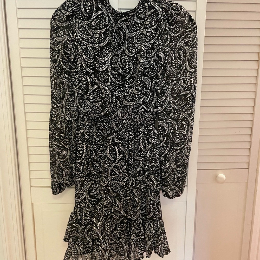 Aqua Black and White Paisley Long Sleeve Dress